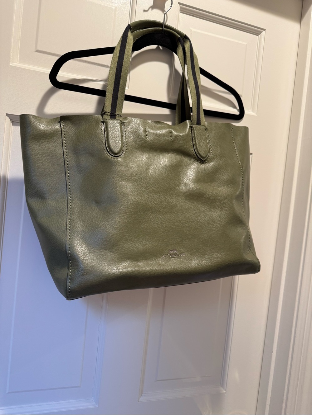 Coach Olive Green Leather Tote with Striped Handles